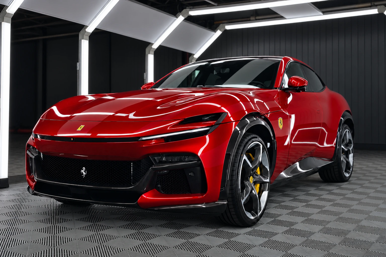 Ferrari Purosangue nach der PPF-Folierung bei Car and Valet – Frontansicht im Lichttunnel.
