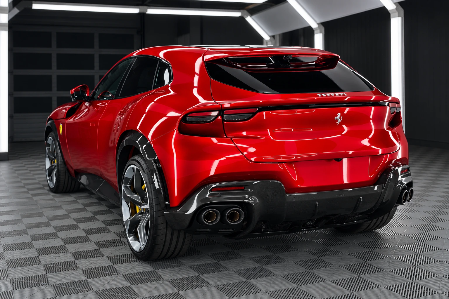 Derselbe Ferrari Purosangue nach der PPF-Folierung – Heckansicht in unserer Werkstatt.