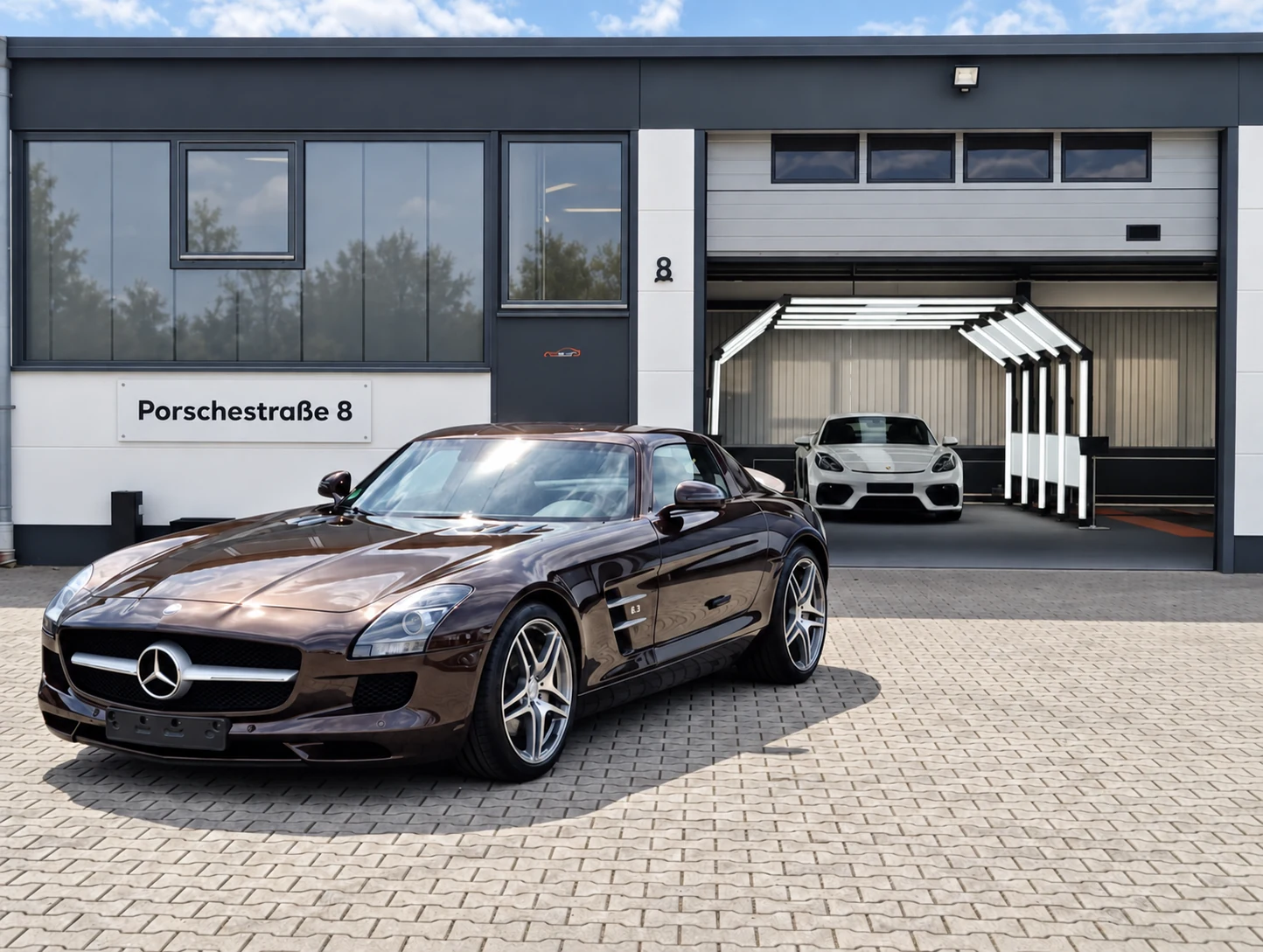 Außenansicht von Car and Valet in der Porschestraße 8 mit einem Mercedes SLS vor dem Studio und einem Porsche im Tor. Gestalterisch bearbeitet.