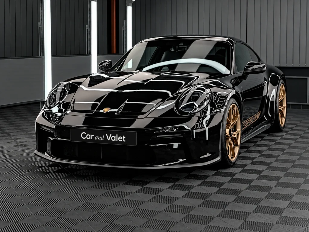 Schwarzer Porsche 911 GT3 Touring mit goldfarbenen Felgen im Lichttunnel.