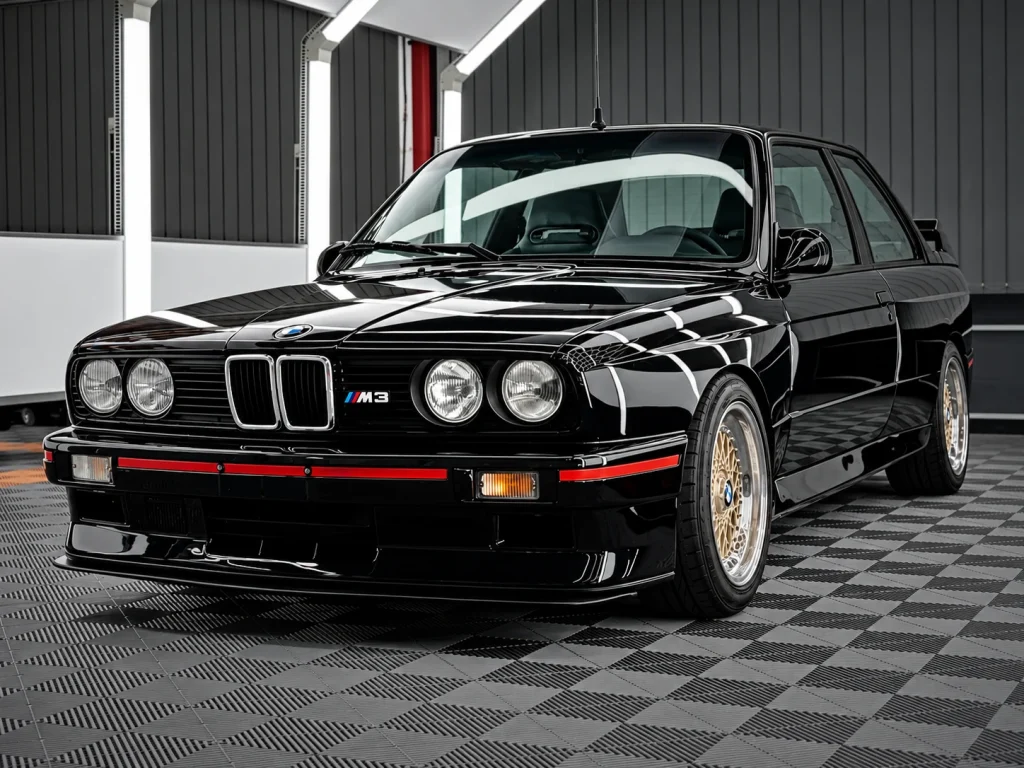 Schwarzer BMW M3 E30 mit goldfarbenen Kreuzspeichenfelgen und roter Stoßfängerleiste im Lichttunnel von Car and Valet.