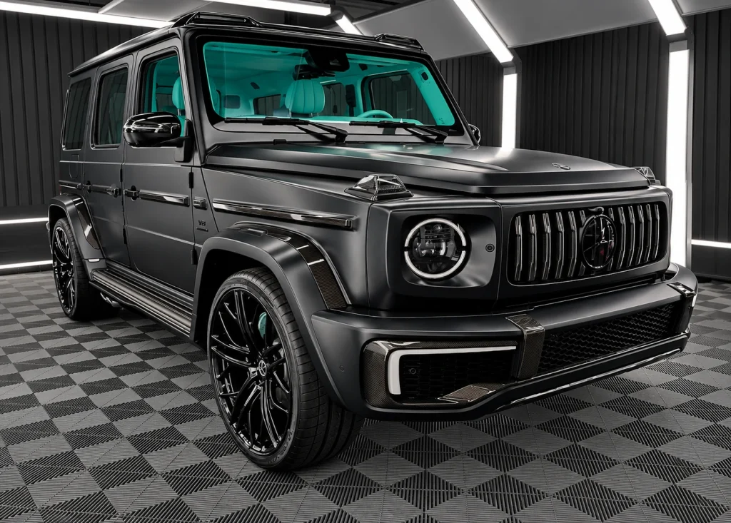 Mattschwarze Mercedes-Benz G-Klasse mit Carbon-Details im Lichttunnel von Car and Valet.