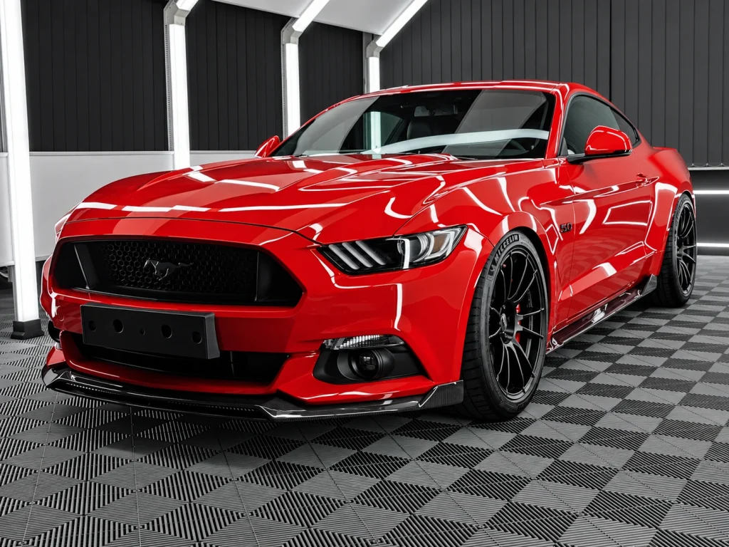Ford Mustang GT · Rot: Frontperspektive in der Werkstatt von Car and Valet in Neumarkt.