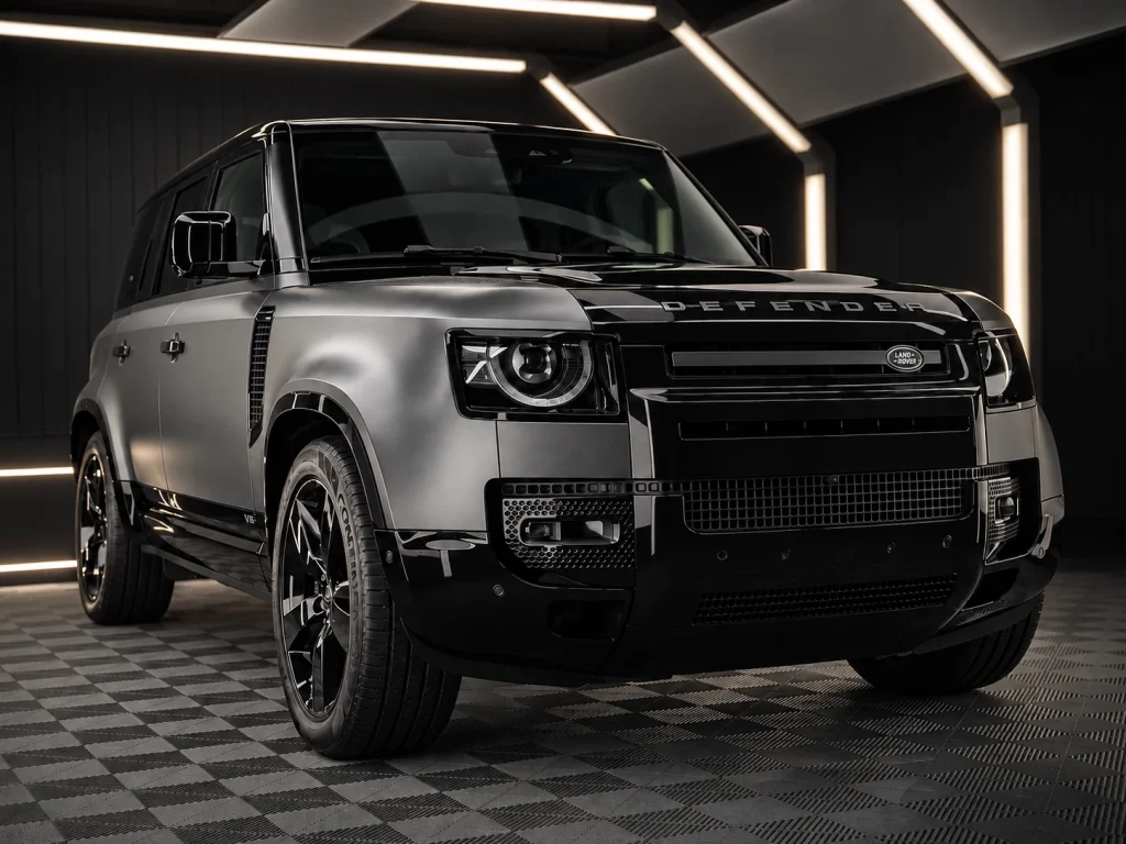 Land Rover Defender mit matter silbergrauer Oberfläche im Lichttunnel von Car and Valet