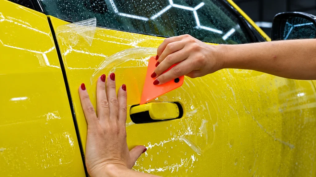Lackschutzfolie wird mit einem Rakel an der Tür eines gelben Jaguar verarbeitet, im Bereich des Türgriffs bei Car and Valet.