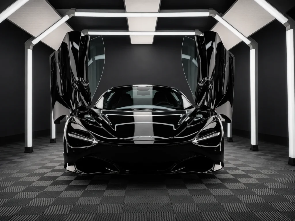 Schwarzer McLaren von vorn mit geöffneten Türen im Lichttunnel von Car and Valet