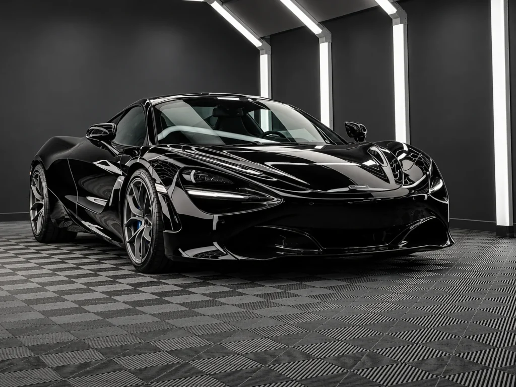 Schwarzer McLaren 720S mit geschlossenen Türen, schräg von vorn im Lichttunnel von Car and Valet