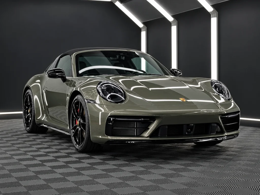 Grauer Porsche 911 Targa, schräg von vorn im Lichttunnel von Car and Valet