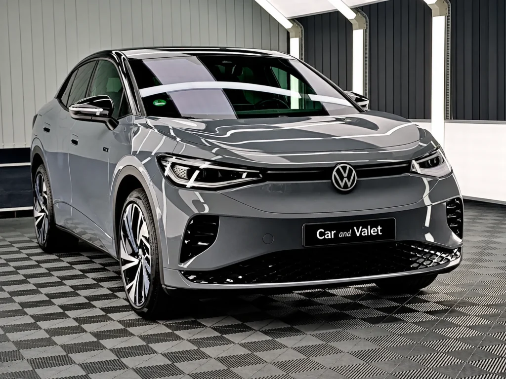 Grauer Volkswagen ID.4 GTX im Lichttunnel von Car and Valet, schräg von vorn fotografiert.